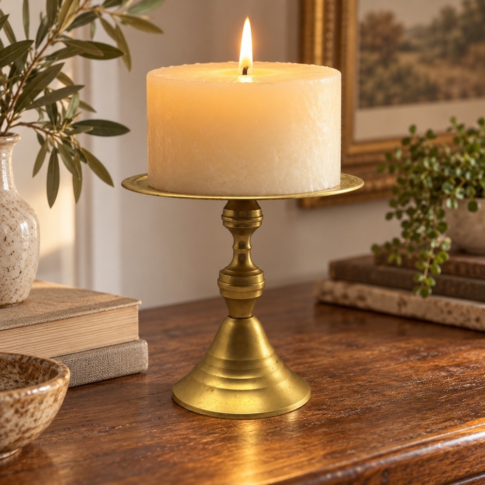 Vintage Hosley Brass Pillar Candle Holder Pedestal Plate BS-59060 India 6.5"